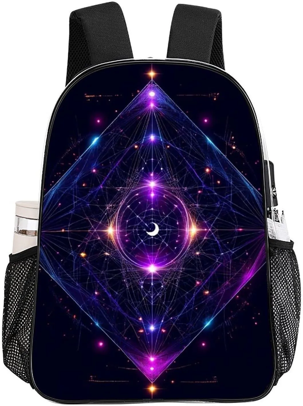 Rucksack Multipurpose Anti-Theft Big Capacity Shoulder Bag - Sacred Geometry Symbols Sun Moon Trippy Purple Travel Hiking & Camping Rucksack Transparent Bag