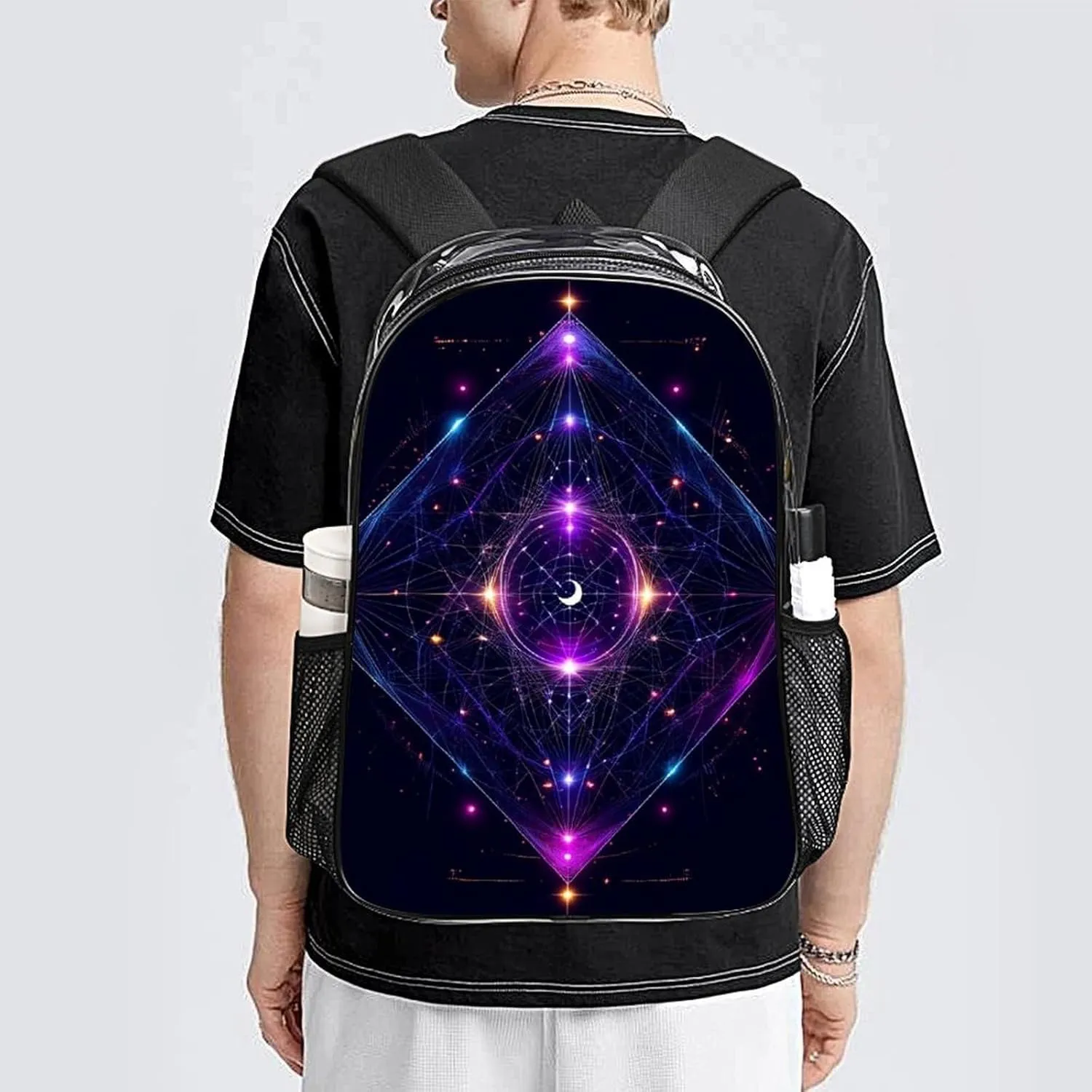 Rucksack Multipurpose Anti-Theft Big Capacity Shoulder Bag - Sacred Geometry Symbols Sun Moon Trippy Purple Travel Hiking & Camping Rucksack Transparent Bag