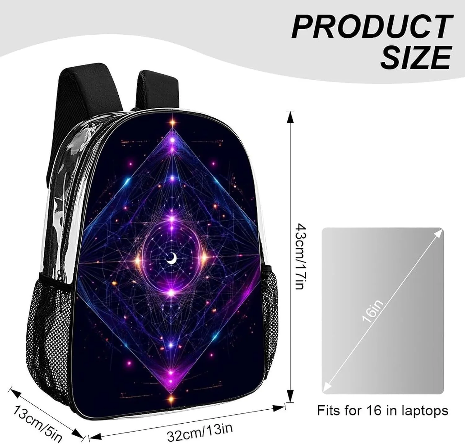Rucksack Multipurpose Anti-Theft Big Capacity Shoulder Bag - Sacred Geometry Symbols Sun Moon Trippy Purple Travel Hiking & Camping Rucksack Transparent Bag