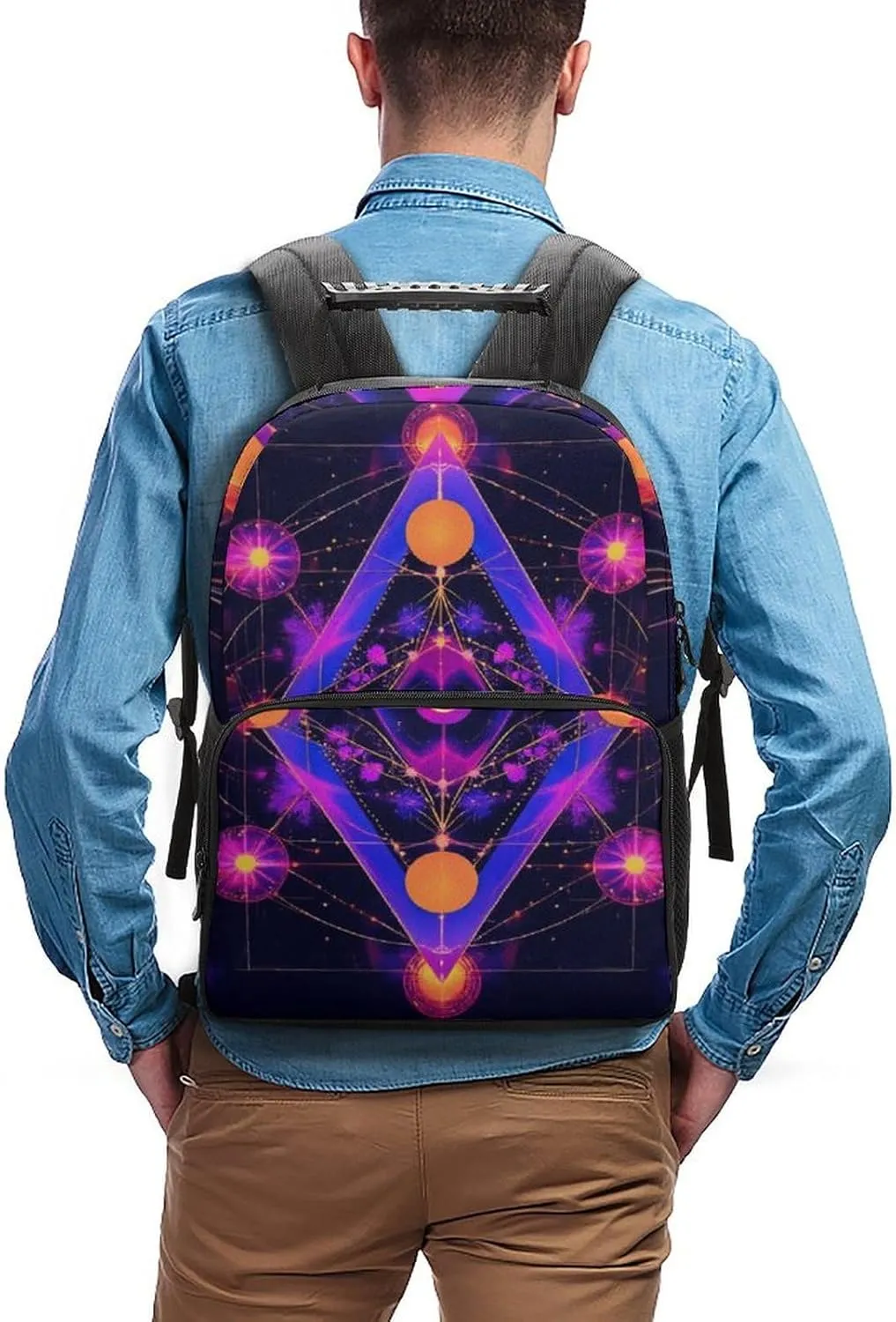 Rucksack Multipurpose Anti-Theft Big Capacity Shoulder Bag - Sacred Geometry Symbols Sun Moon Trippy Purple Travel Hiking & Camping Rucksack With Side Pockets