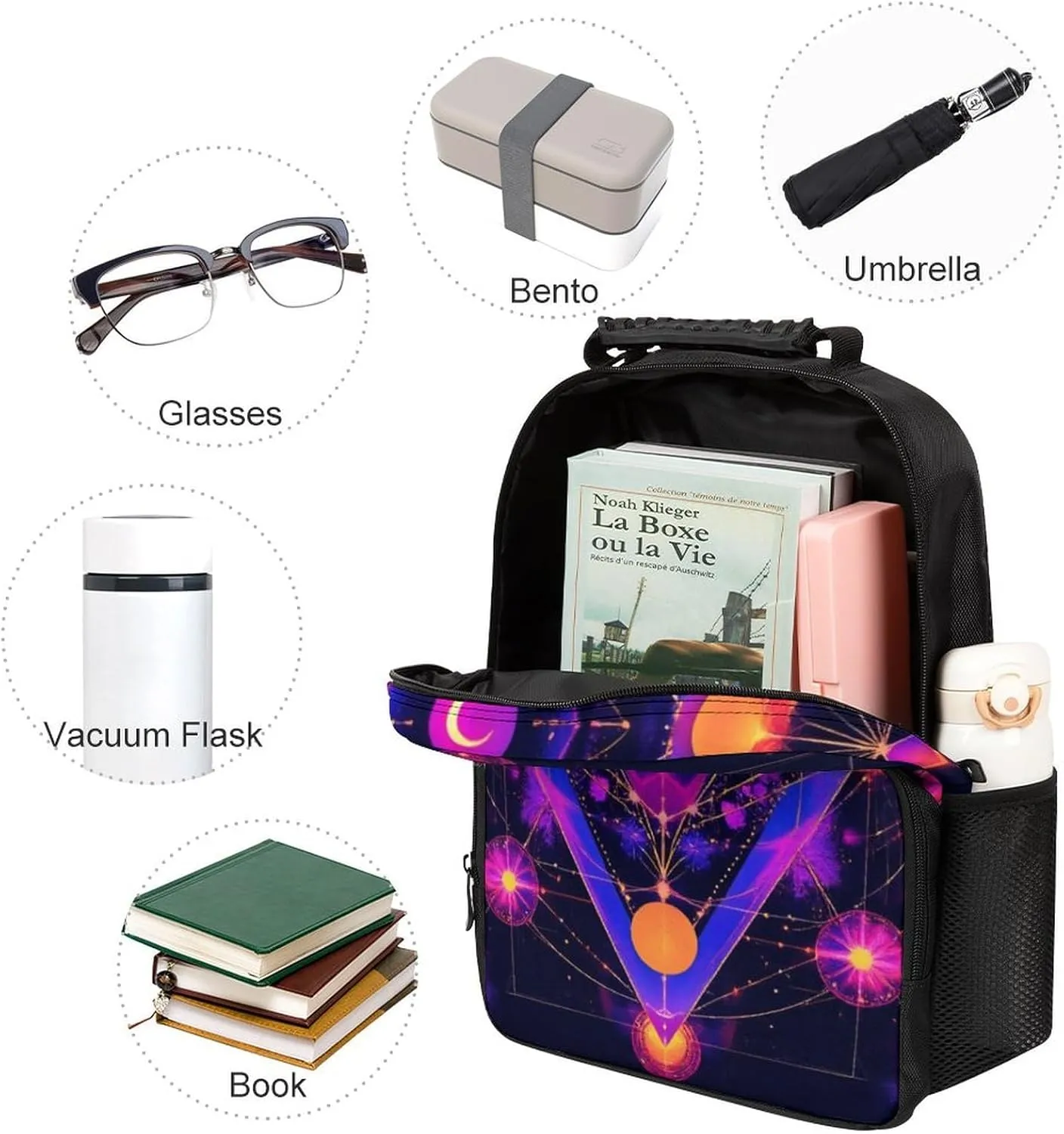 Rucksack Multipurpose Anti-Theft Big Capacity Shoulder Bag - Sacred Geometry Symbols Sun Moon Trippy Purple Travel Hiking & Camping Rucksack With Side Pockets