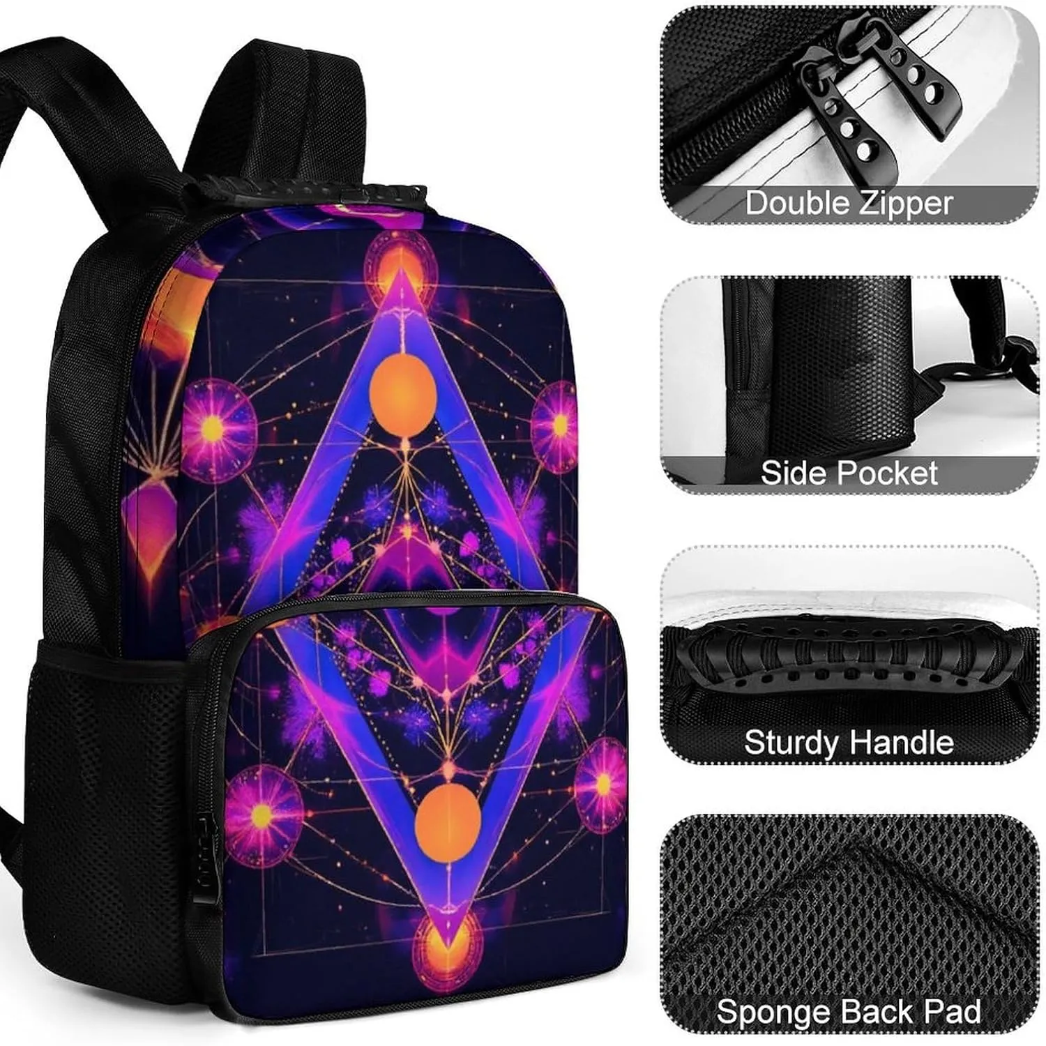 Rucksack Multipurpose Anti-Theft Big Capacity Shoulder Bag - Sacred Geometry Symbols Sun Moon Trippy Purple Travel Hiking & Camping Rucksack With Side Pockets