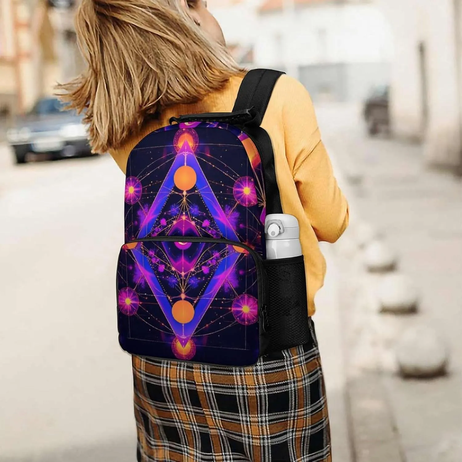 Rucksack Multipurpose Anti-Theft Big Capacity Shoulder Bag - Sacred Geometry Symbols Sun Moon Trippy Purple Travel Hiking & Camping Rucksack With Side Pockets