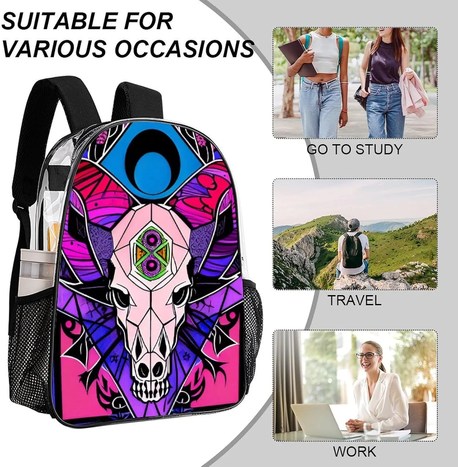 Rucksack Multipurpose Anti-Theft Big Capacity Shoulder Bag - Trippy Skull Moon Cattle Art Travel Hiking & Camping Rucksack Transparent Bag