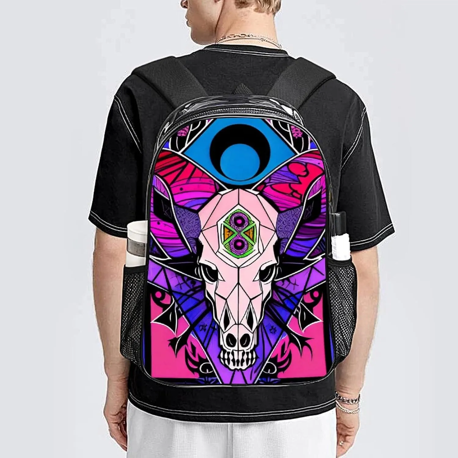 Rucksack Multipurpose Anti-Theft Big Capacity Shoulder Bag - Trippy Skull Moon Cattle Art Travel Hiking & Camping Rucksack Transparent Bag