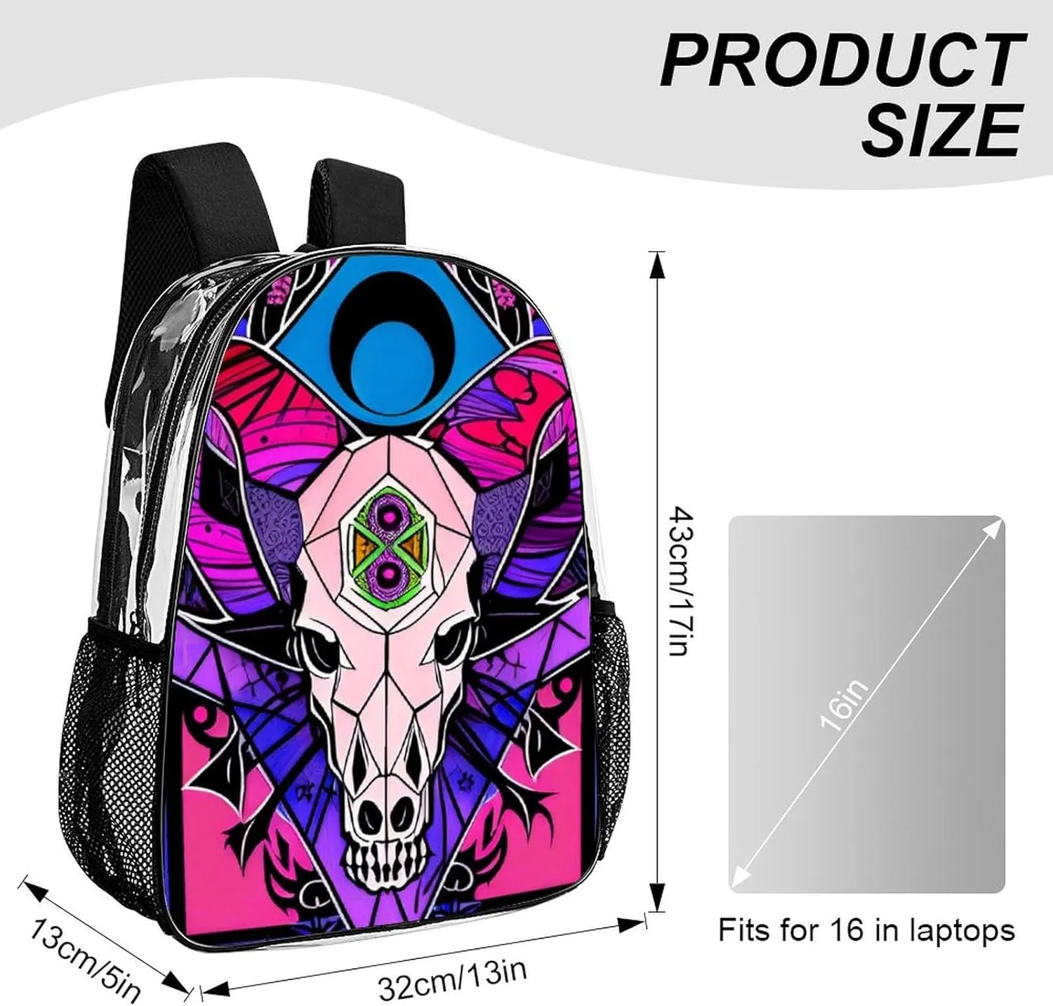 Rucksack Multipurpose Anti-Theft Big Capacity Shoulder Bag - Trippy Skull Moon Cattle Art Travel Hiking & Camping Rucksack Transparent Bag