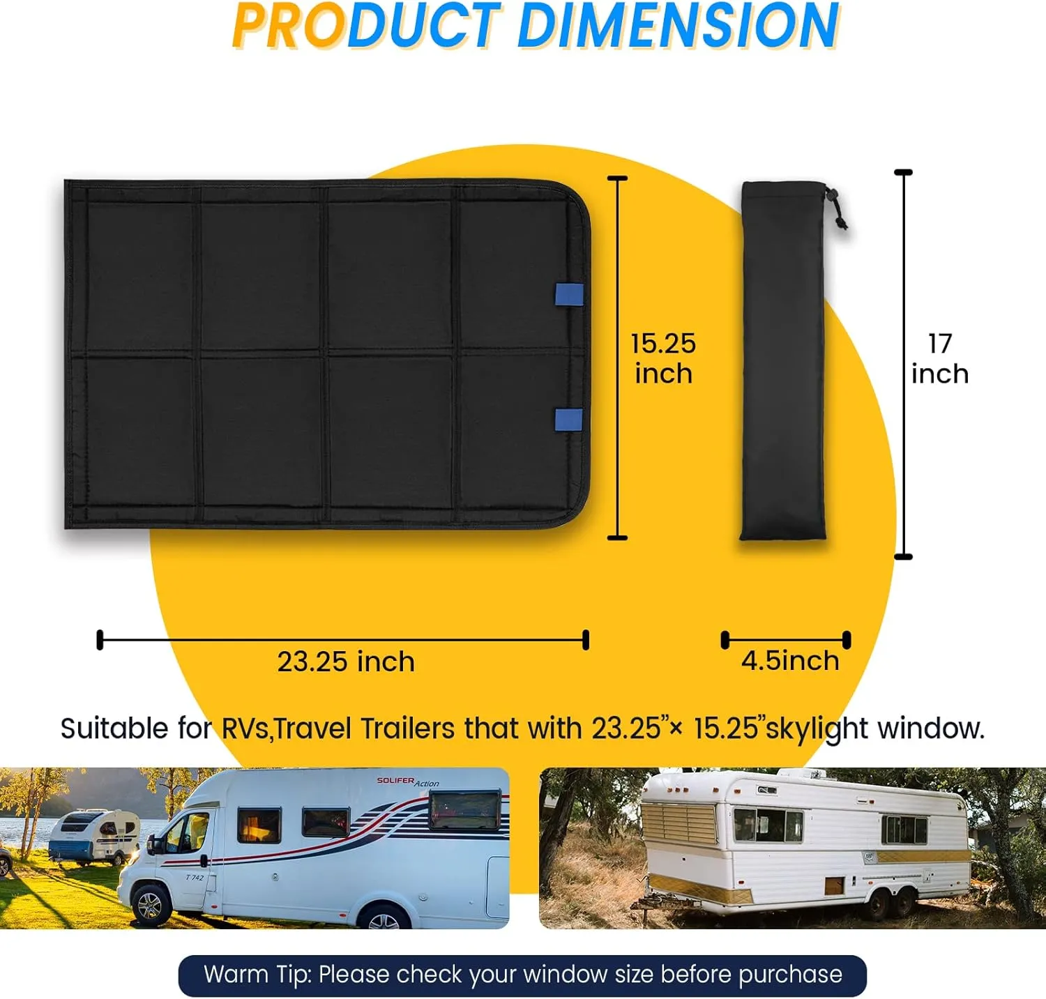 RV Skylight Window Shade, 23 ¼" (L) x 15 ¼" (W), Foldable Magnet RV Blackout Cover, UV Rays Protection Camper Trailer Fan Vent Cover, Waterproof Thickened Oxford Fabric (Black)