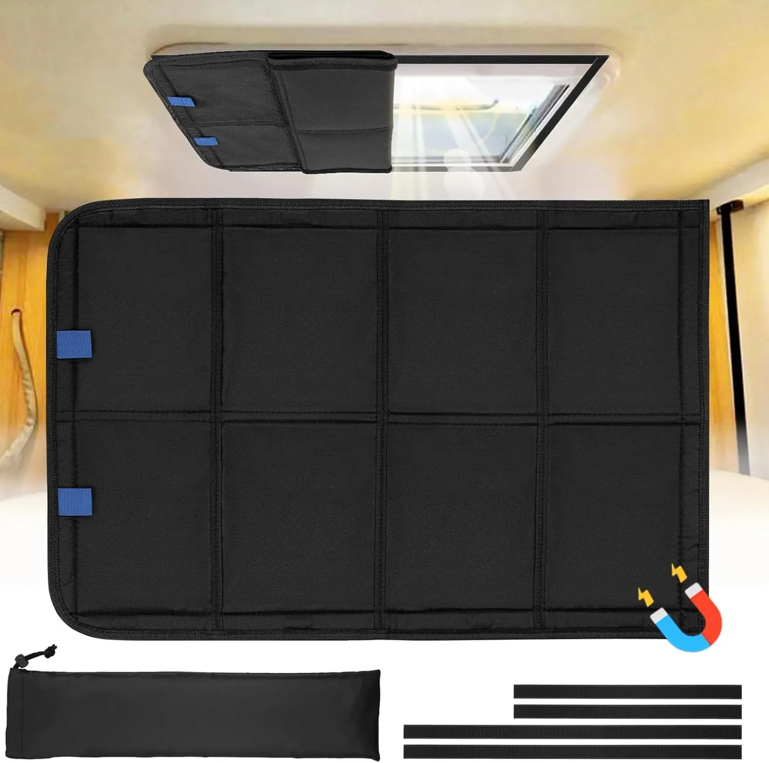 RV Skylight Window Shade, 23 ¼" (L) x 15 ¼" (W), Foldable Magnet RV Blackout Cover, UV Rays Protection Camper Trailer Fan Vent Cover, Waterproof Thickened Oxford Fabric (Black)