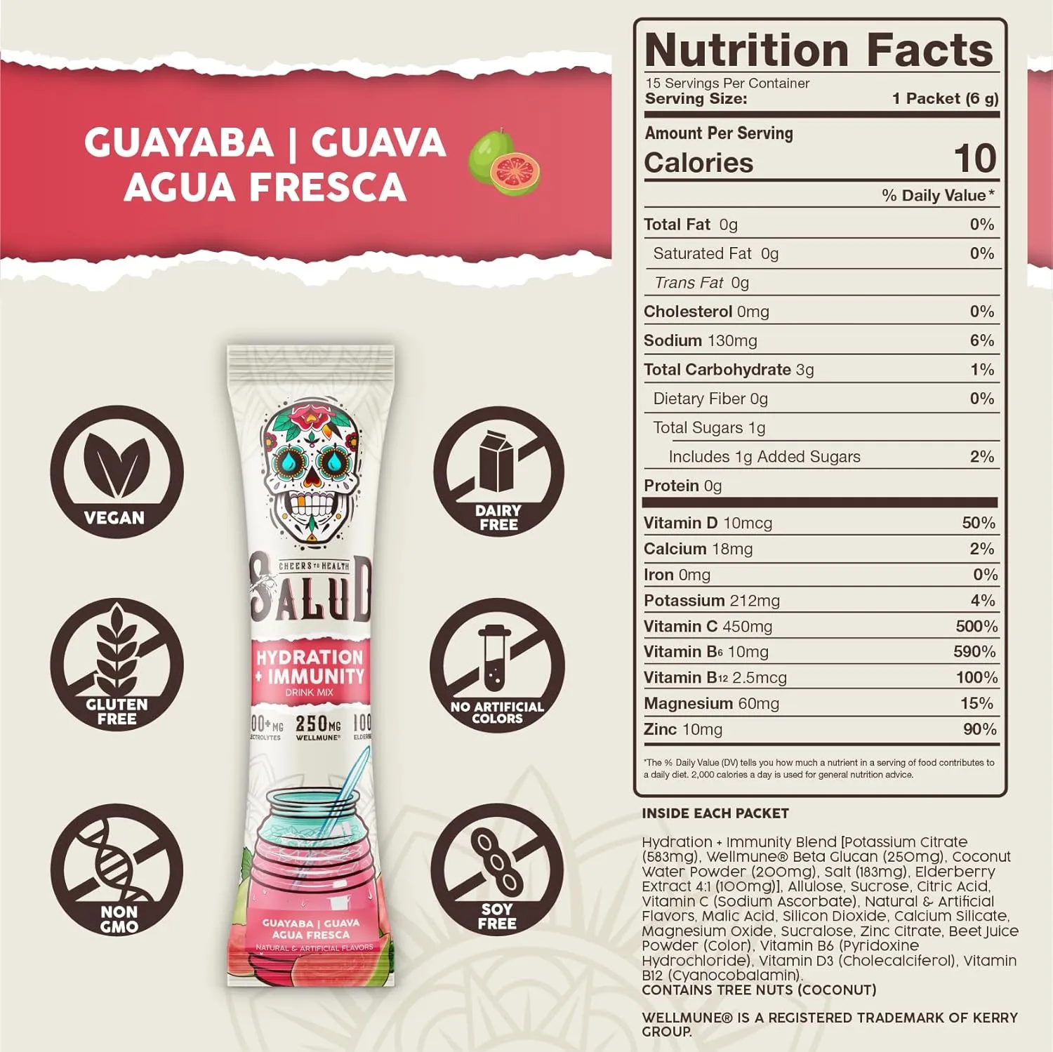 Salud 2-in-1 Hydration Packets   Immunity Electrolytes Powder, Guava - Guayaba Agua Fresca Drink Mix, Elderberry, Dairy & Soy Free, Non-GMO, Gluten Free, Vegan, Low Calorie, 1g Sugar (15 Servings)