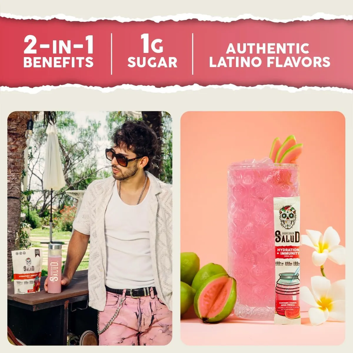 Salud 2-in-1 Hydration Packets   Immunity Electrolytes Powder, Guava - Guayaba Agua Fresca Drink Mix, Elderberry, Dairy & Soy Free, Non-GMO, Gluten Free, Vegan, Low Calorie, 1g Sugar (15 Servings)