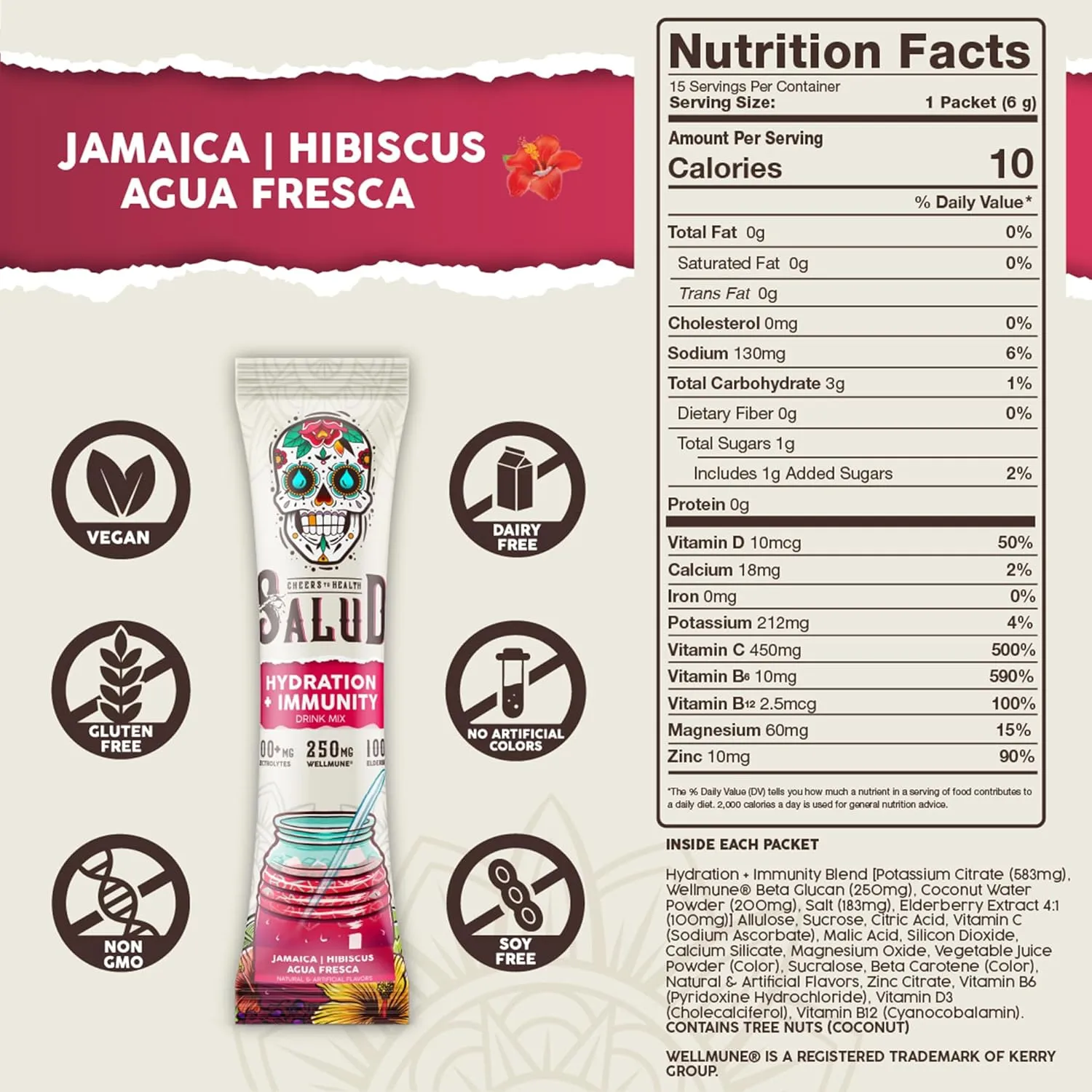 Salud 2-in-1 Hydration Packets   Immunity Electrolytes Powder, Hibiscus - Jamaica Agua Fresca Drink Mix, Elderberry, Dairy & Soy Free, Non-GMO, Gluten Free, Vegan, Low Calorie, 1g Sugar (15 Servings)