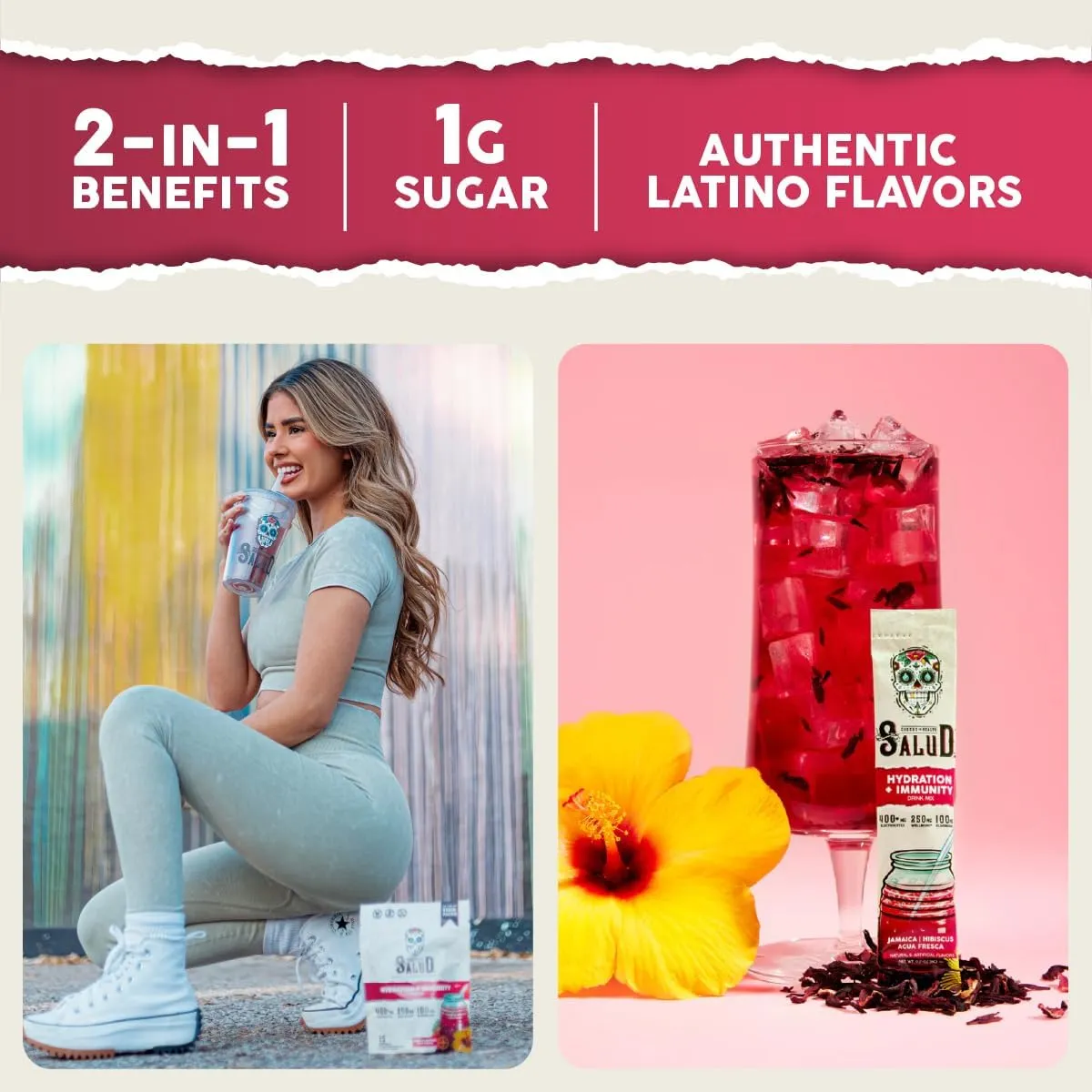 Salud 2-in-1 Hydration Packets   Immunity Electrolytes Powder, Hibiscus - Jamaica Agua Fresca Drink Mix, Elderberry, Dairy & Soy Free, Non-GMO, Gluten Free, Vegan, Low Calorie, 1g Sugar (15 Servings)