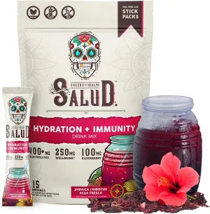 Salud 2-in-1 Hydration Packets   Immunity Electrolytes Powder, Hibiscus - Jamaica Agua Fresca Drink Mix, Elderberry, Dairy & Soy Free, Non-GMO, Gluten Free, Vegan, Low Calorie, 1g Sugar (15 Servings)