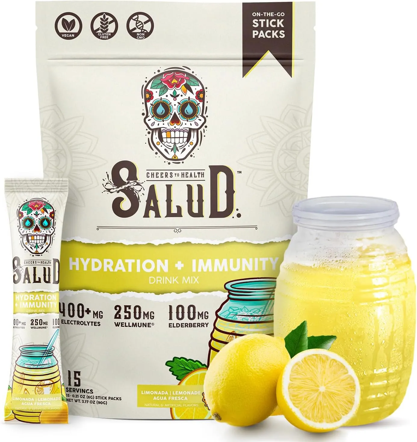 Salud 2-in-1 Hydration Packets   Immunity Electrolytes Powder, Lemonade - Agua Fresca Drink Mix, Elderberry, Dairy & Soy Free, Non-GMO, Gluten Free, Vegan, Low Calorie, 1g Sugar (15 Servings)