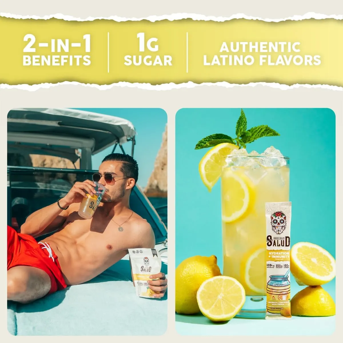 Salud 2-in-1 Hydration Packets   Immunity Electrolytes Powder, Lemonade - Agua Fresca Drink Mix, Elderberry, Dairy & Soy Free, Non-GMO, Gluten Free, Vegan, Low Calorie, 1g Sugar (15 Servings)