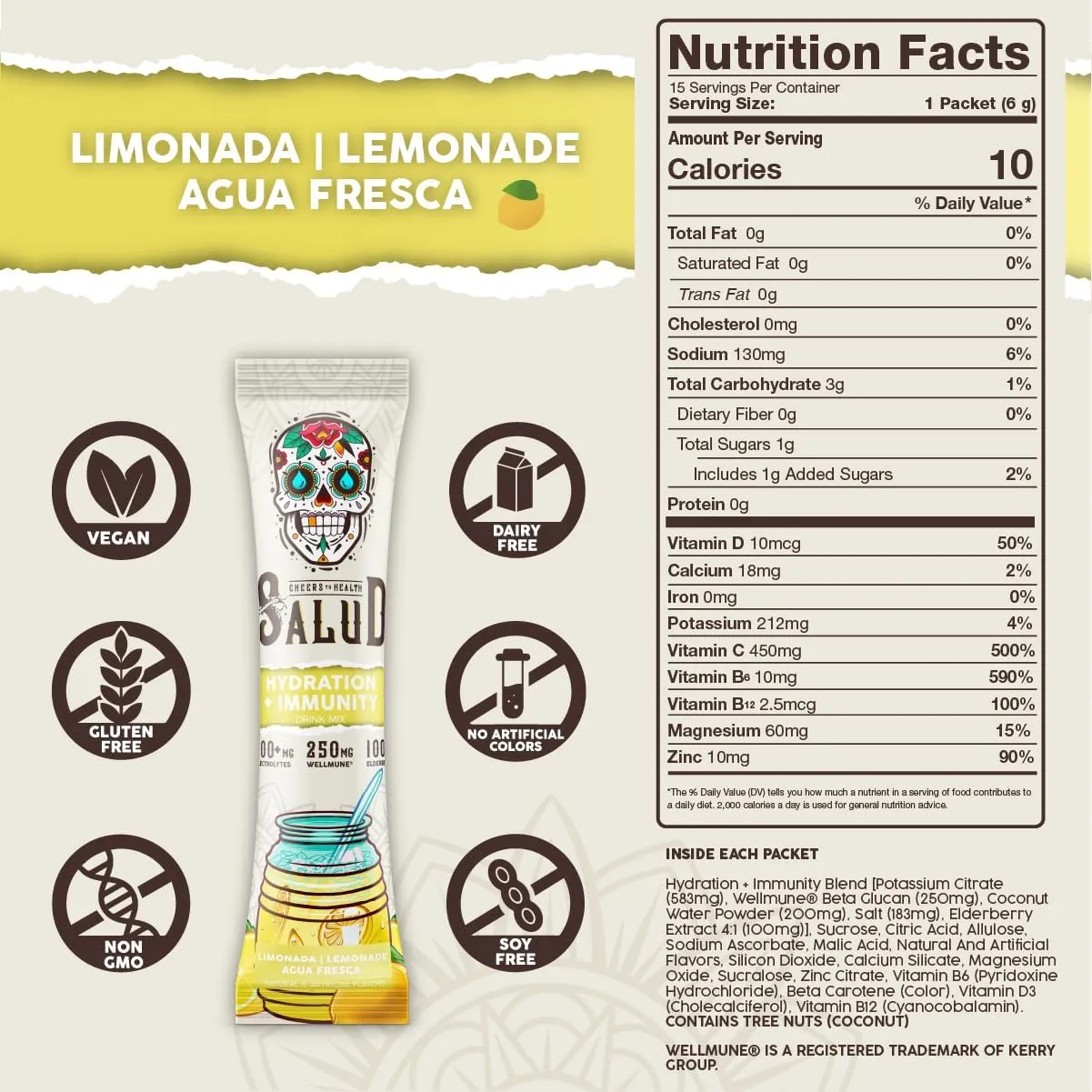 Salud 2-in-1 Hydration Packets   Immunity Electrolytes Powder, Lemonade - Agua Fresca Drink Mix, Elderberry, Dairy & Soy Free, Non-GMO, Gluten Free, Vegan, Low Calorie, 1g Sugar (15 Servings)