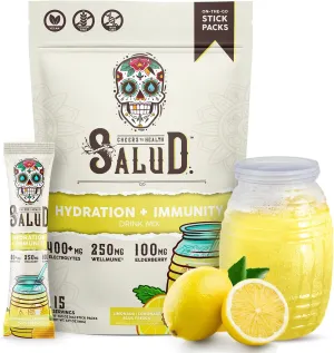 Salud 2-in-1 Hydration Packets   Immunity Electrolytes Powder, Lemonade - Agua Fresca Drink Mix, Elderberry, Dairy & Soy Free, Non-GMO, Gluten Free, Vegan, Low Calorie, 1g Sugar (15 Servings)