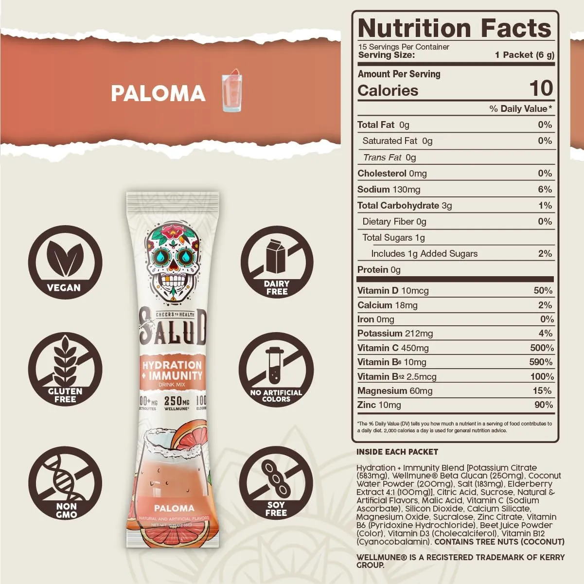 Salud 2-in-1 Hydration Packets   Immunity Electrolytes Powder, Paloma - Agua Fresca Drink Mix, Elderberry, Dairy & Soy Free, Non-GMO, Gluten Free, Vegan, Low Calorie, 1g Sugar (15 Servings)