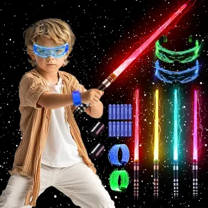 SANCO Light Up Saber Sets for Kids - 4 Packs Upgraded 7 Colors Retractable Power Swords with FX Sound, 2PCS LED Glasses & Wristbands, Halloween Cosplay Accessories, Birthday Gifts for Boys & Girls