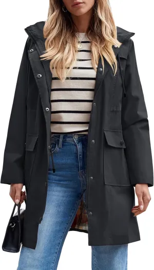 SaphiRose Women's Waterproof Rain Jacket Lightweight Raincoat Hooded Windbreaker Trench Coat