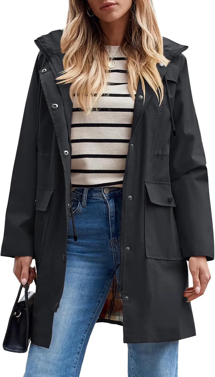 SaphiRose Women's Waterproof Rain Jacket Lightweight Raincoat Hooded Windbreaker Trench Coat