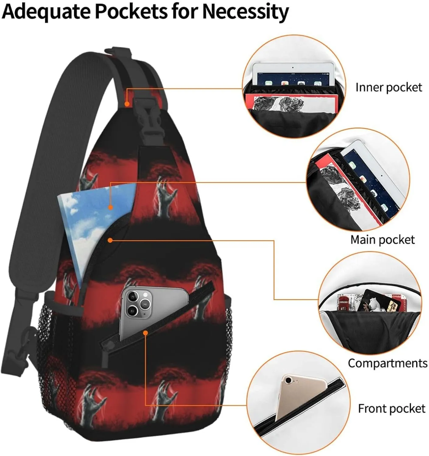 Scary Zombie Hand Coming Out Ground Cross Chest Bag Diagonally Hiking Crossbody Bag Travel Shoulder Daypack Lightweight Sling Backpack Cycling Daypacks Fitness Chest Backpacks