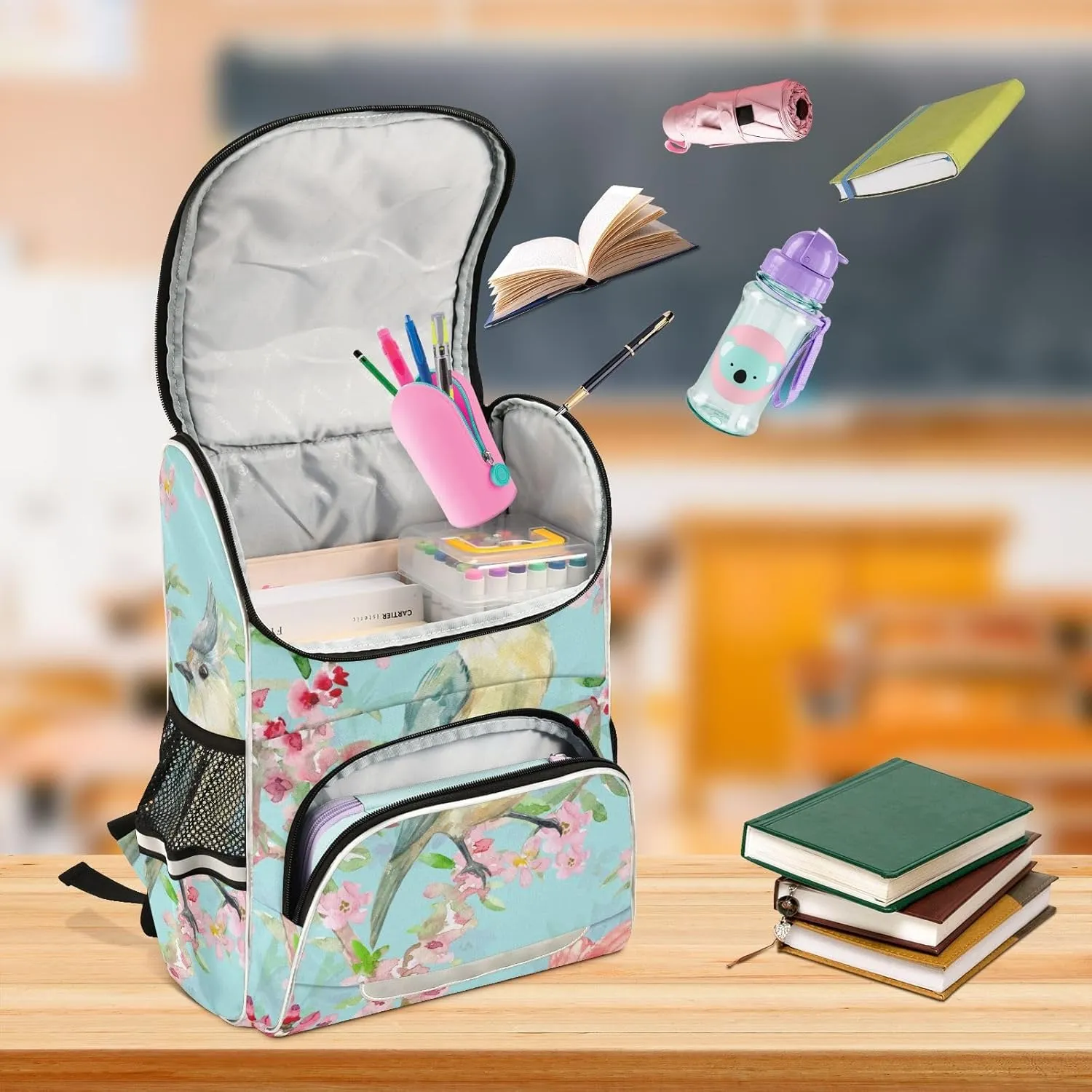 School Backpack with Chest Strap, Butterflies Birds Flowers Laptop Backpack, Travel Hiking Backpack for Boys Girls, Rucksack, Knapsack