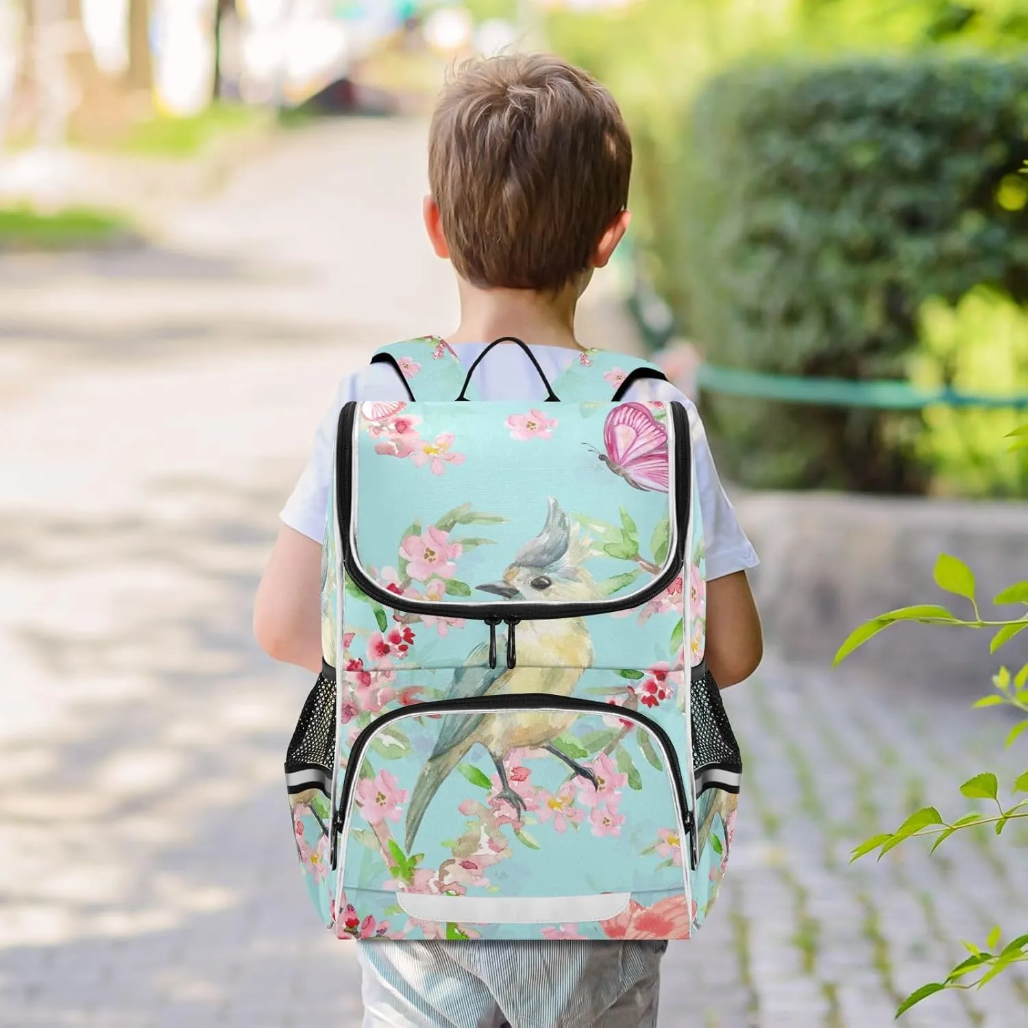 School Backpack with Chest Strap, Butterflies Birds Flowers Laptop Backpack, Travel Hiking Backpack for Boys Girls, Rucksack, Knapsack