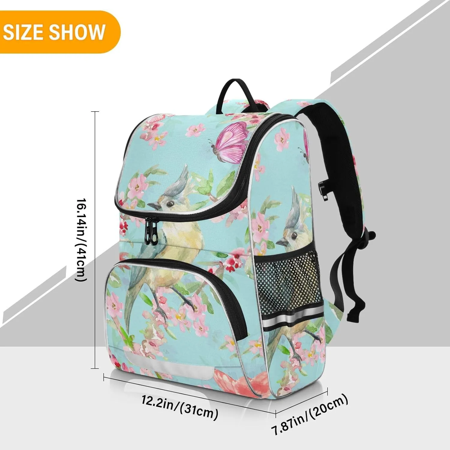School Backpack with Chest Strap, Butterflies Birds Flowers Laptop Backpack, Travel Hiking Backpack for Boys Girls, Rucksack, Knapsack