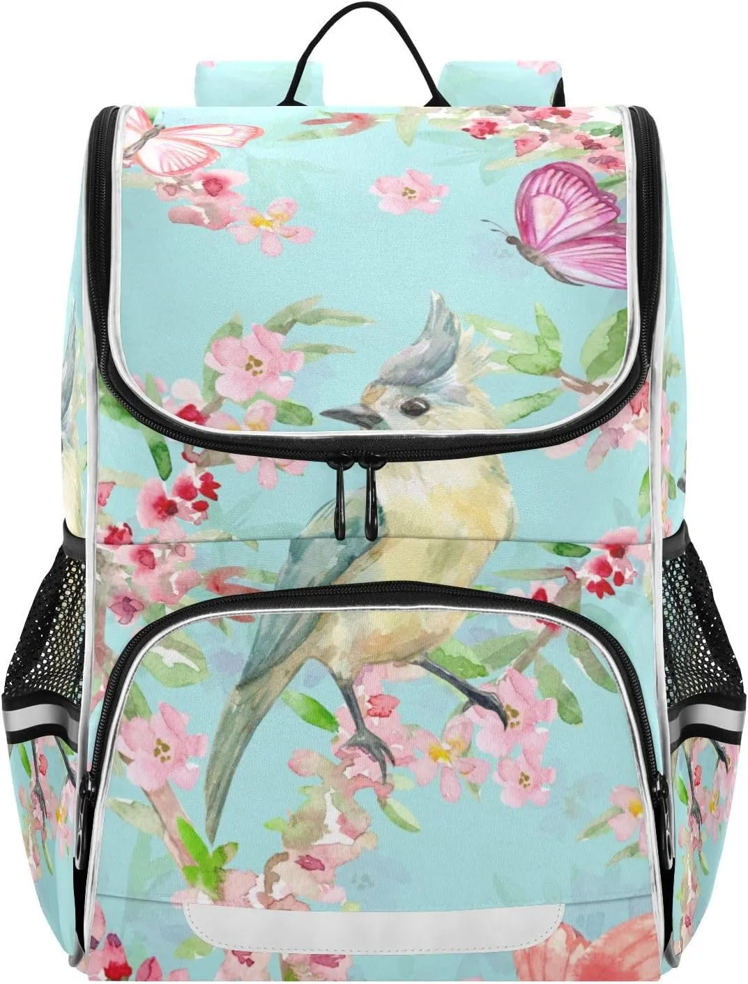 School Backpack with Chest Strap, Butterflies Birds Flowers Laptop Backpack, Travel Hiking Backpack for Boys Girls, Rucksack, Knapsack