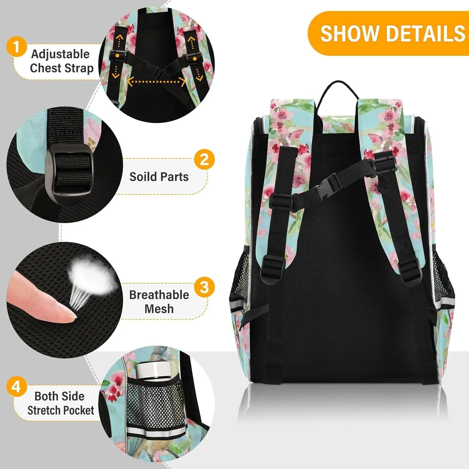 School Backpack with Chest Strap, Butterflies Birds Flowers Laptop Backpack, Travel Hiking Backpack for Boys Girls, Rucksack, Knapsack
