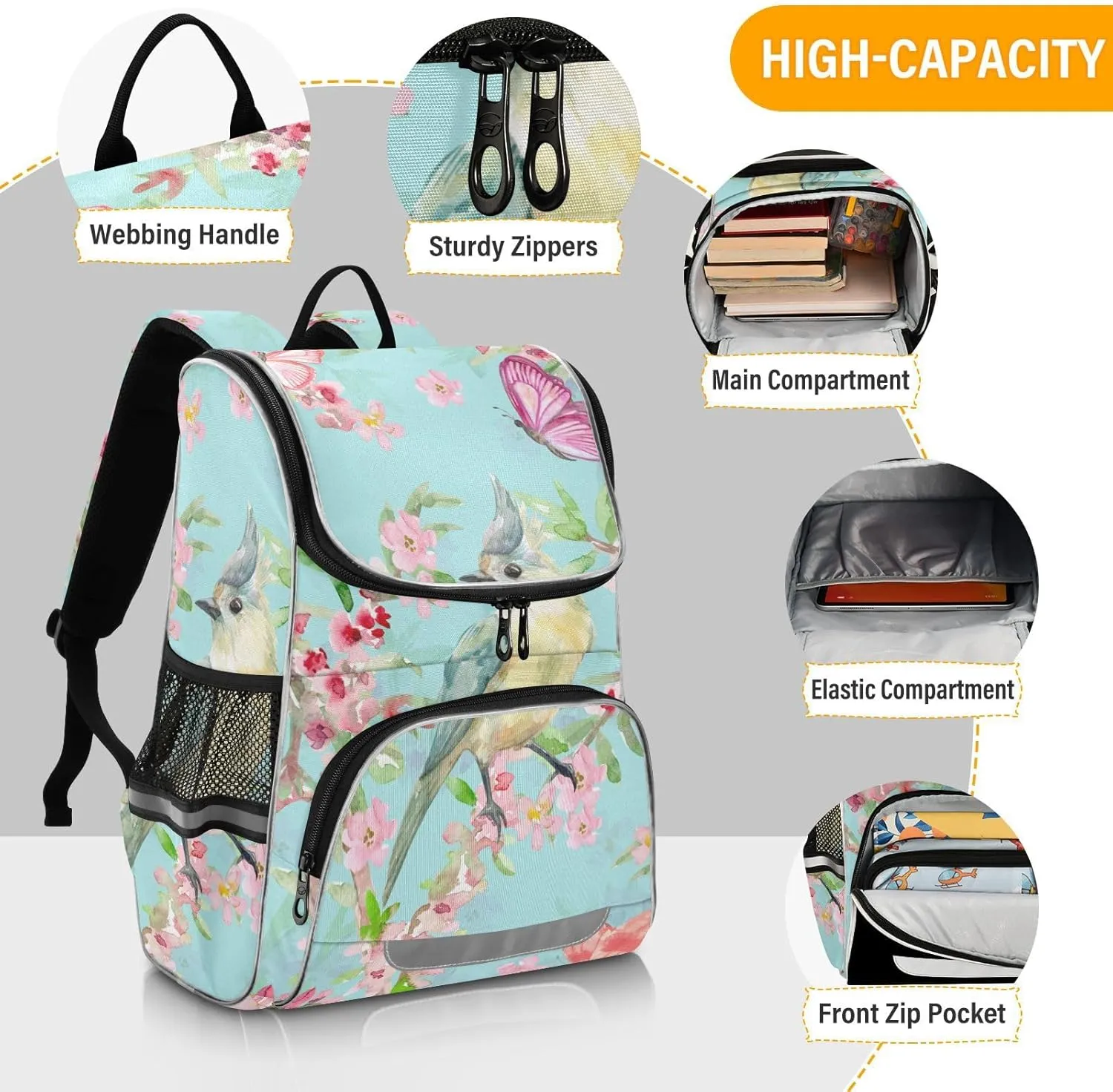 School Backpack with Chest Strap, Butterflies Birds Flowers Laptop Backpack, Travel Hiking Backpack for Boys Girls, Rucksack, Knapsack