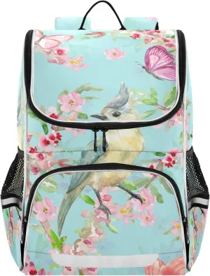 School Backpack with Chest Strap, Butterflies Birds Flowers Laptop Backpack, Travel Hiking Backpack for Boys Girls, Rucksack, Knapsack