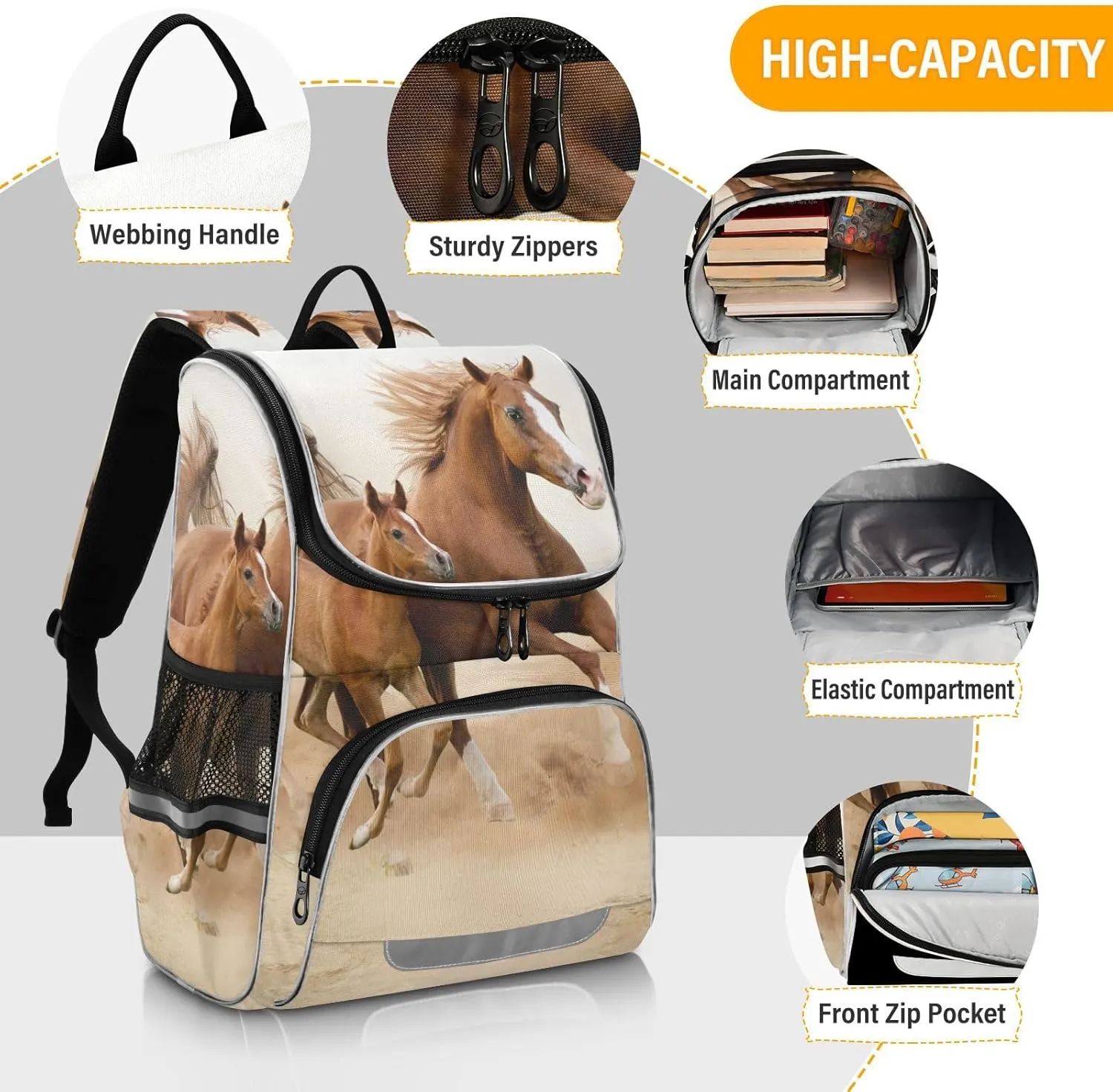 School Backpack with Chest Strap, Galloping Horse Laptop Backpack, Travel Hiking Backpack for Boys Girls, Rucksack, Knapsack