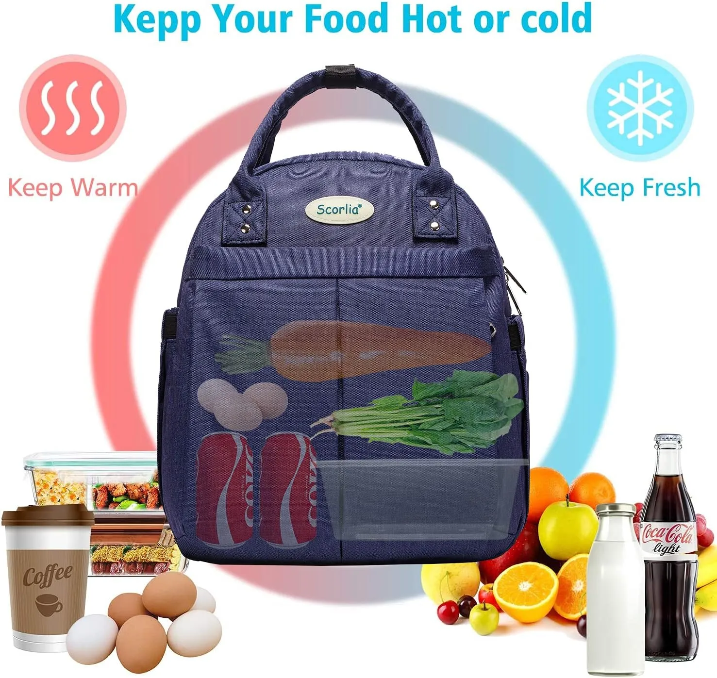 Scorlia Insulated Lunch Bag Rucksack for Women, with Side pocket, Tall Reusable lunch Box Container with Drinks Holder for Women, Office, Beach, Picnic, Blue