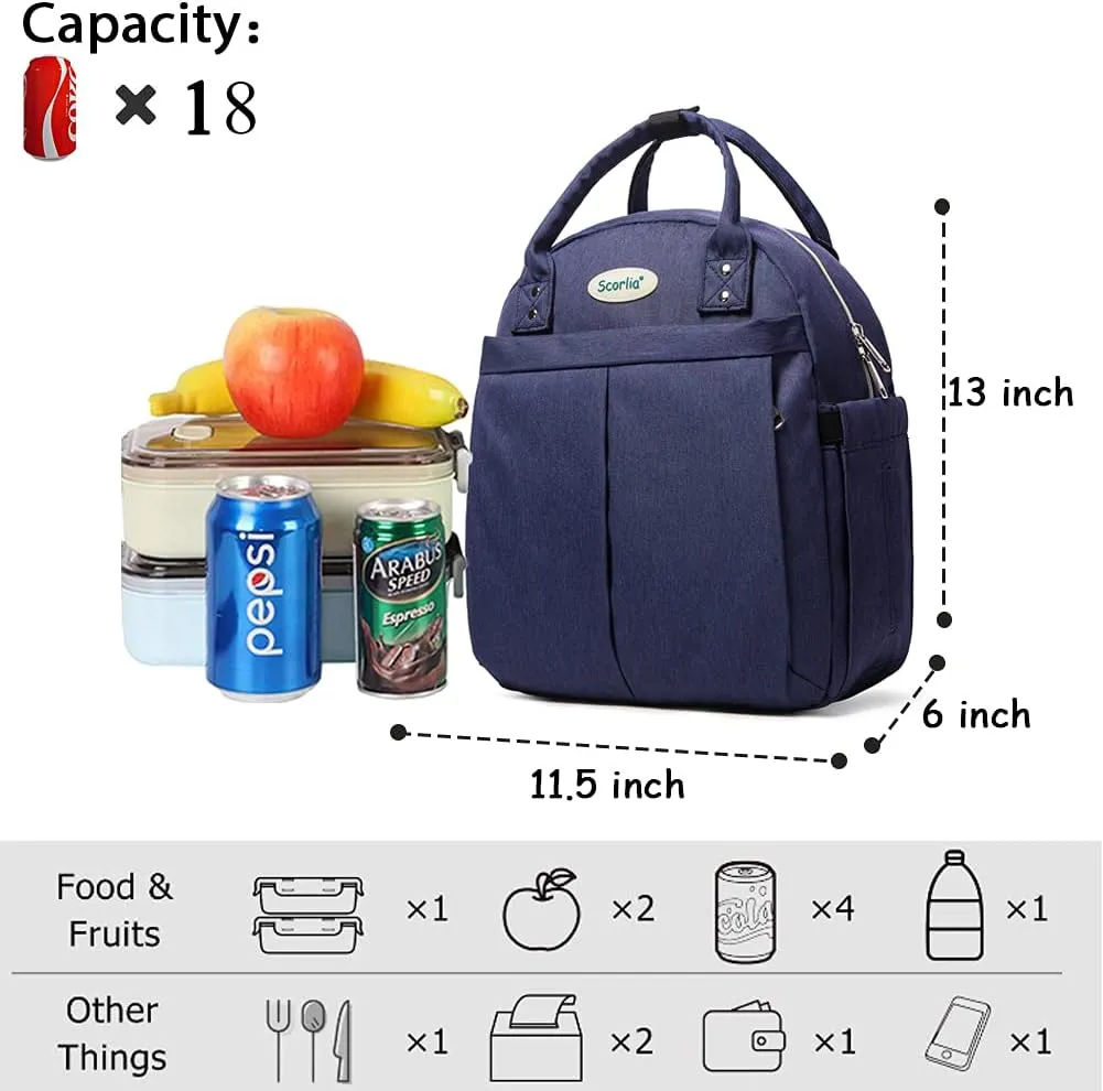 Scorlia Insulated Lunch Bag Rucksack for Women, with Side pocket, Tall Reusable lunch Box Container with Drinks Holder for Women, Office, Beach, Picnic, Blue