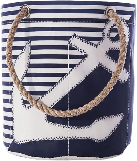 Sea Bags Recycled Sail Cloth Breton Stripe White Anchor Beverage Bucket Collapsible Cooler, Travel Cooler - Interior Pockets and Rope Handles