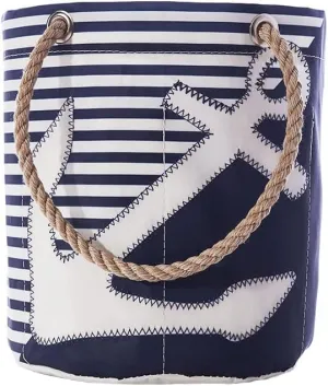 Sea Bags Recycled Sail Cloth Breton Stripe White Anchor Beverage Bucket Collapsible Cooler, Travel Cooler - Interior Pockets and Rope Handles