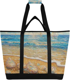 Sea Beach Reusable Insulated Lunchbox Cooler Bag, Leakproof Kitchen Grocery Bag Collapsible Portable Cooler Tote Bag for Picnic, Camping, Office, Travel