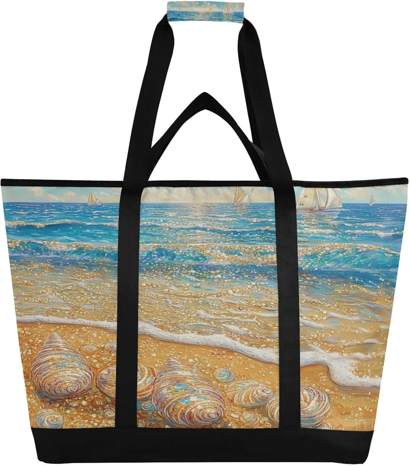 Sea Beach Reusable Insulated Lunchbox Cooler Bag, Leakproof Kitchen Grocery Bag Collapsible Portable Cooler Tote Bag for Picnic, Camping, Office, Travel