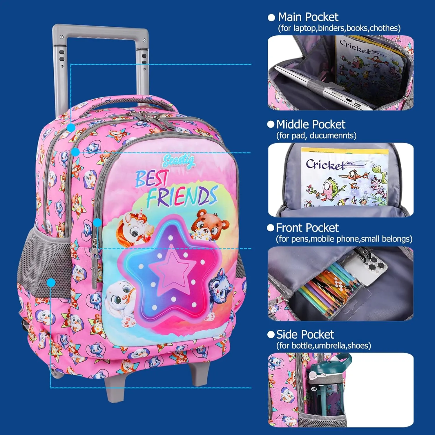 Seastig Kids Rolling Backpack 18in Wheeled Double Handle Backpack with Wheels