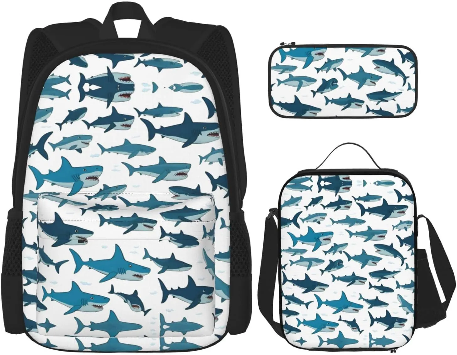 Shark Pattern with Various Gestures print Pocket backpack Crossbody lunch bag pen bag set 3-in-1 Makeup bag Outdoor travel