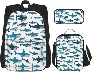 Shark Pattern with Various Gestures print Pocket backpack Crossbody lunch bag pen bag set 3-in-1 Makeup bag Outdoor travel