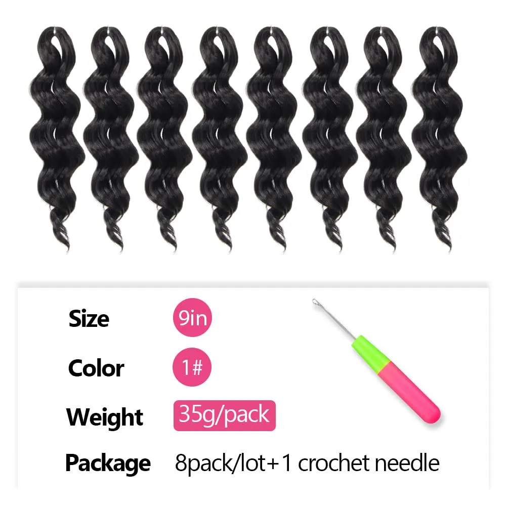 Short Ocean Wave Crochet Hair 9 Inch 8 Packs Deep Wave Crochet Hair Synthetic Wavy Crochet Braids (1# Jet Black)