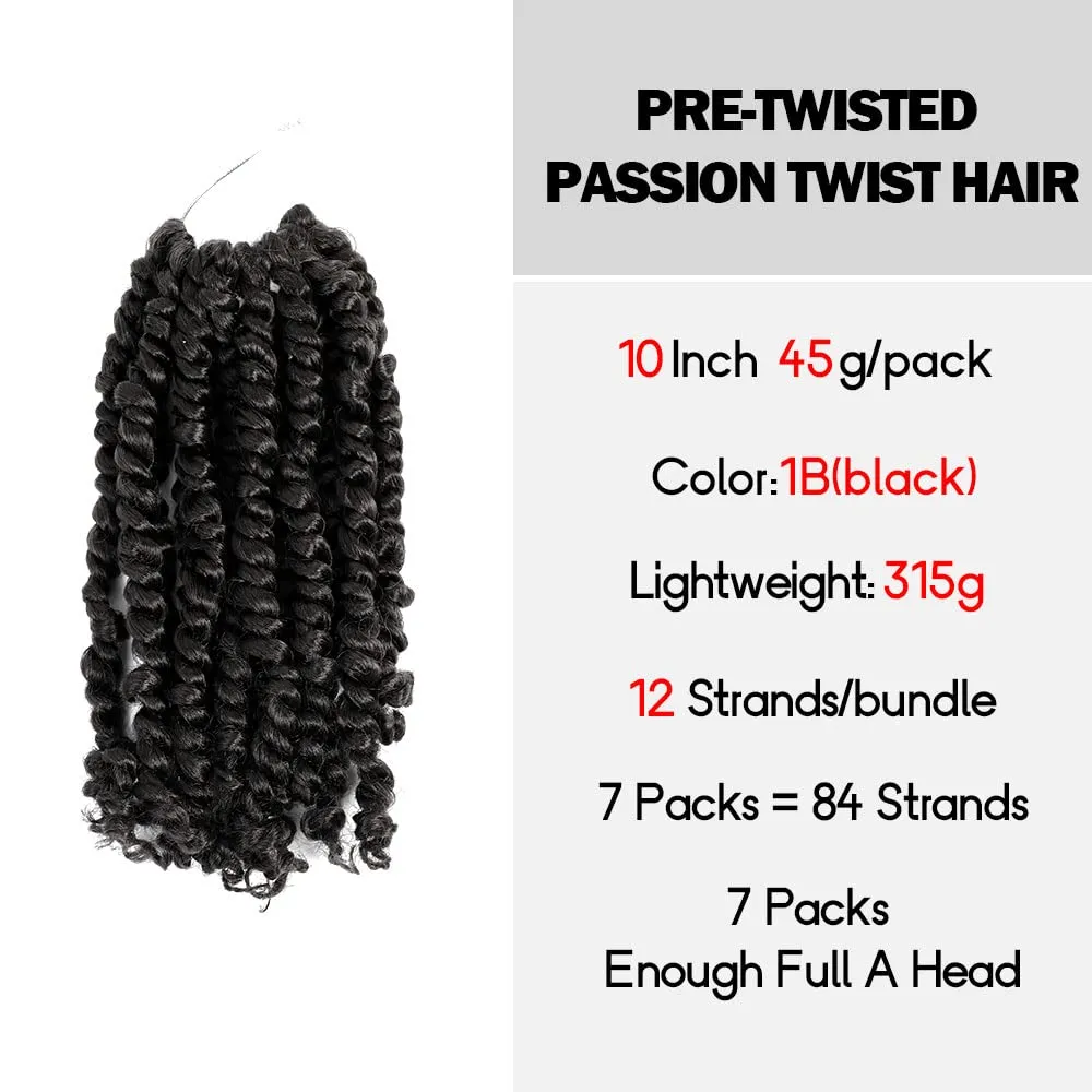Short Passion Twist Hair 10 Inch Pre-twisted Passion Twists Crochet Hair Natural Black Pre-looped Synthetic Crochet Braids (7 Packs,1B)