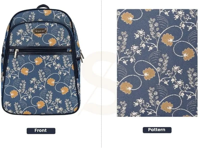 Signare Tapestry Backpack for Women Computer Rucksack Knapsack bookbags for women In Jane Austen Blue Design (BKPK-AUST)