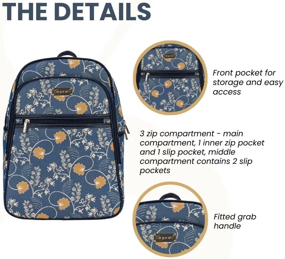 Signare Tapestry Backpack for Women Computer Rucksack Knapsack bookbags for women In Jane Austen Blue Design (BKPK-AUST)