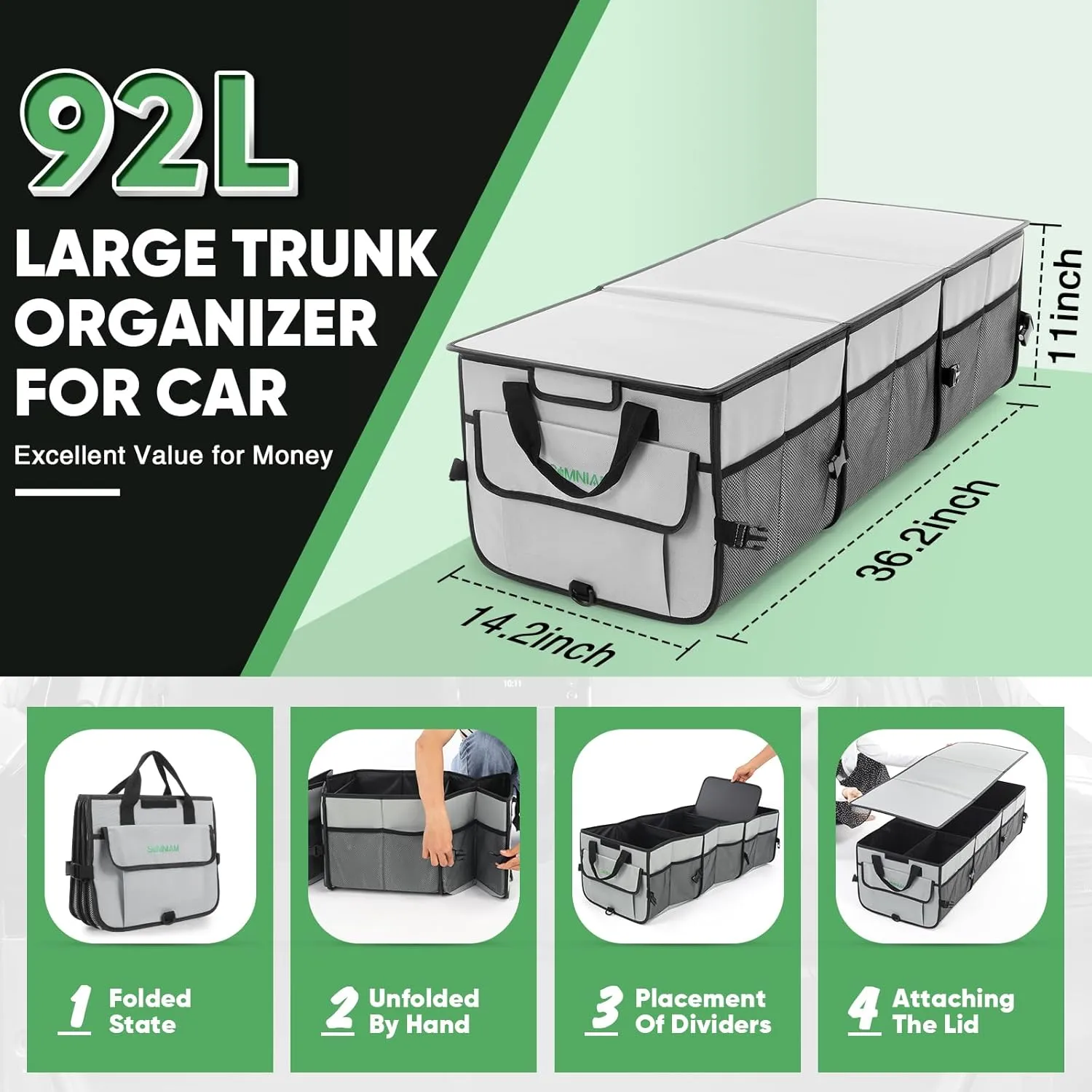 Simniam Car Trunk Organizer with Insulated Grocery Bag- 110L High Capacity Car Storage Box, with 4 Compartments, Reflective Strip, Cover, for Auto, SUV, Truck, Minivan