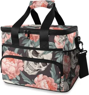 Skeleton Skull Pink Flower Cooler Bag Insulated Cooler Soft Sided Cooler 24 Can Portable Picnic Bag Large Leakproof Lunch Bag Box for Beach Grocery Camping Travel Car Men Women