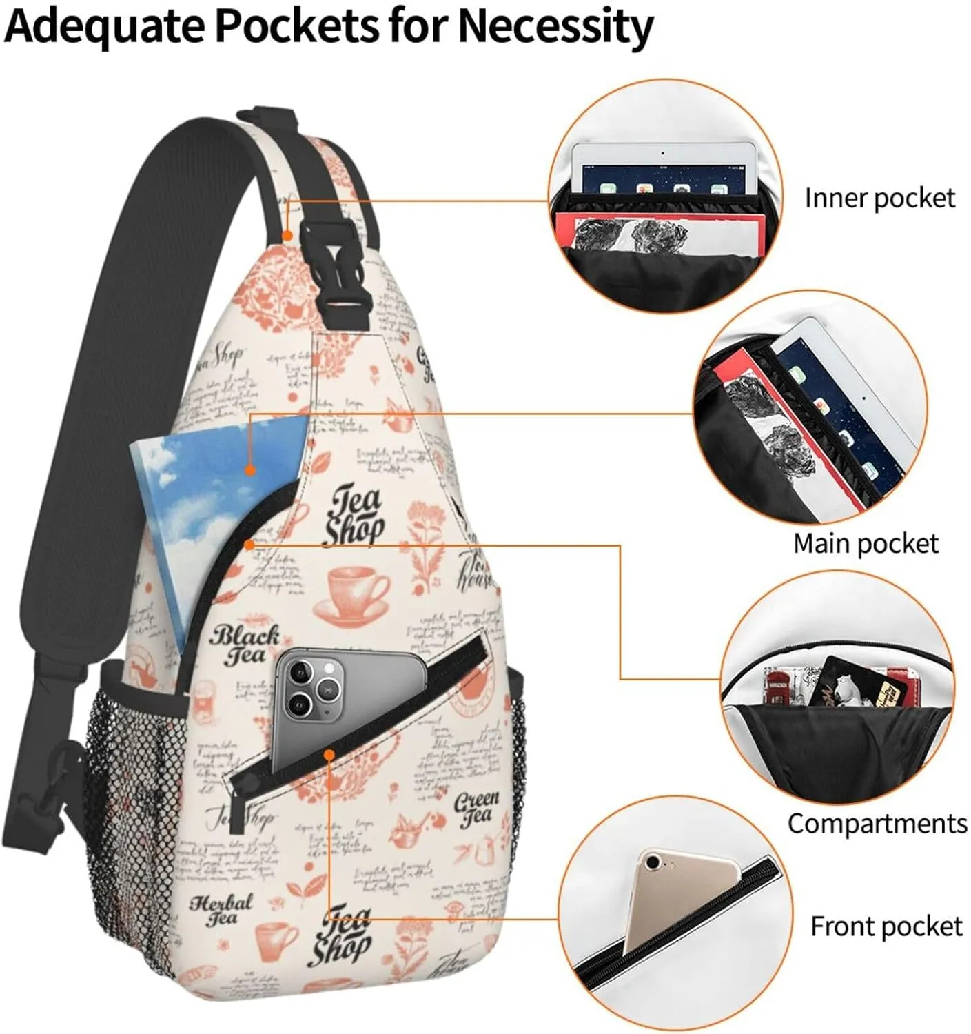 Sketch Tea Shop Black Tea House Cross Chest Bag Diagonally Hiking Crossbody Bag Travel Shoulder Daypack Lightweight Sling Backpack Cycling Daypacks Fitness Chest Backpacks